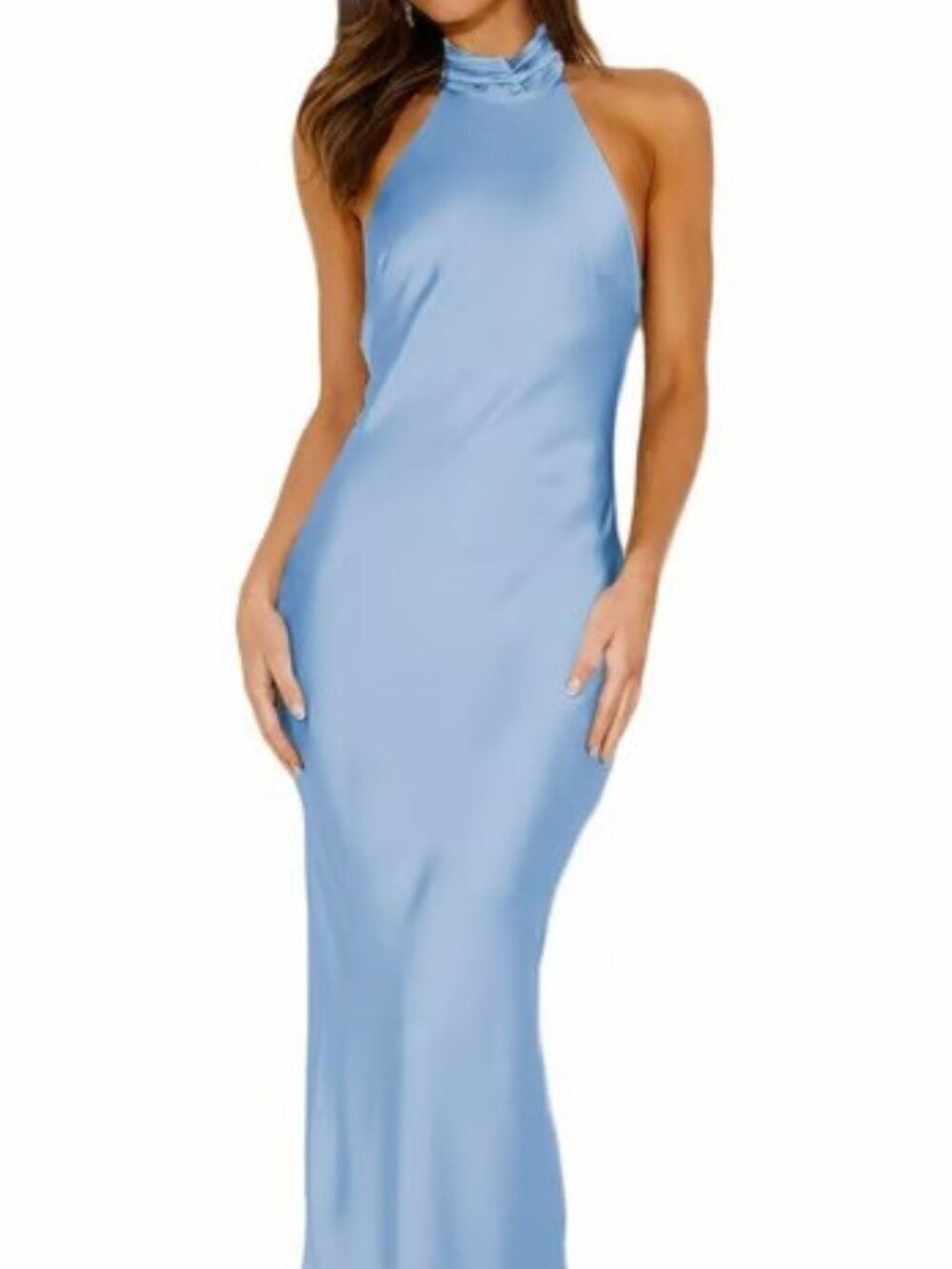 CMZ2005 Women's Lt Blue Backless Halter Dress Sleeveless Side Slit Dress M 12-14